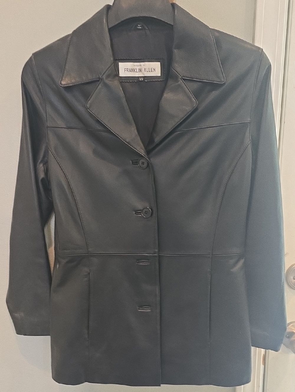Women's Black Leather Button-Front Blazer Jacket